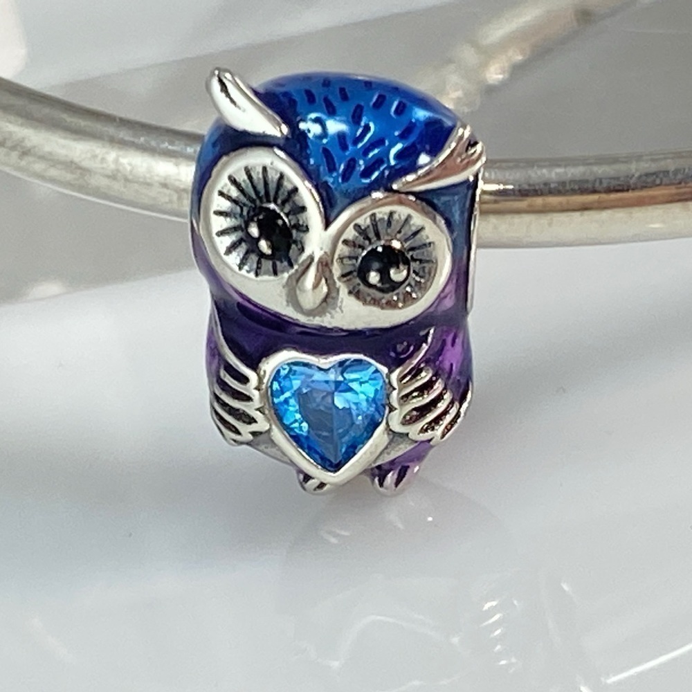 Blue Owl with Cubic Zirconia Heart Charm